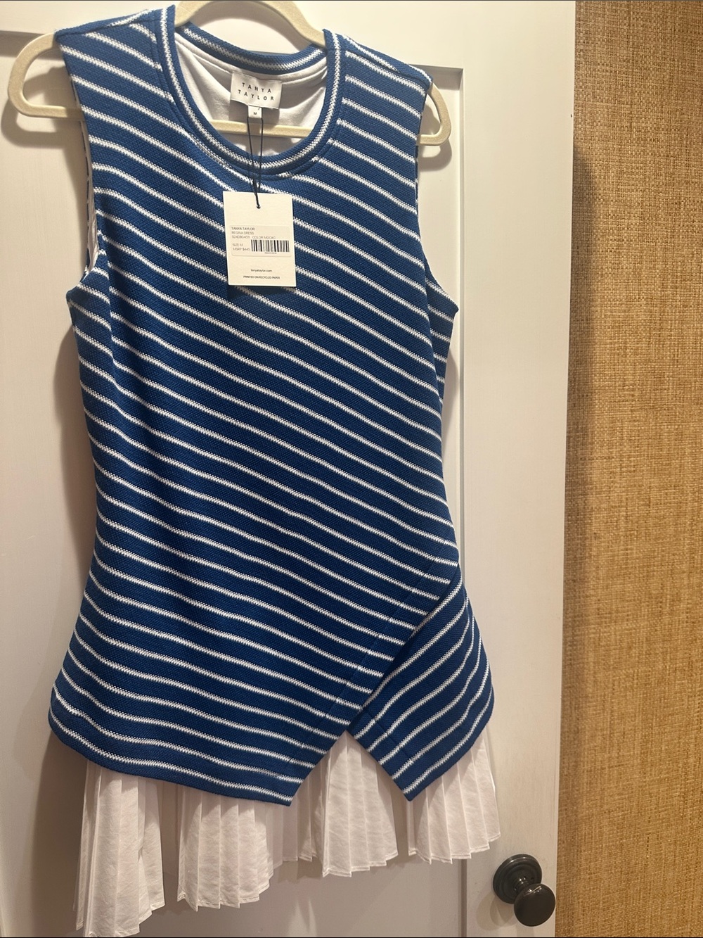NWT Tanya Taylor Blue & White Striped Sleeveless Knit Tank dress with Pleats